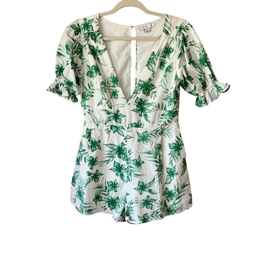 Hyfve Womens Green White Floral V-Neck Puff Sleeve Romper‎ Size M Pockets